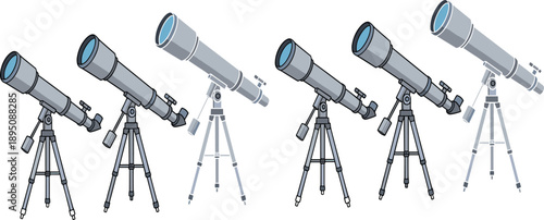 Astronomy telescope vector set on tripod for space observation, science education and stargazing illustration