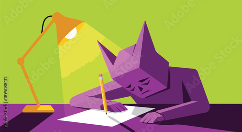 Sad purple character with cat ears studies under a lamp, struggling to write on paper, illustration