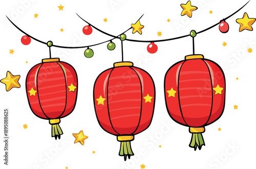 Festive string of three traditional bright red Chinese lanterns adorned with yellow stars hanging below sparkling assorted colourfu lights and whimsical celebratory star decorations creating an invite