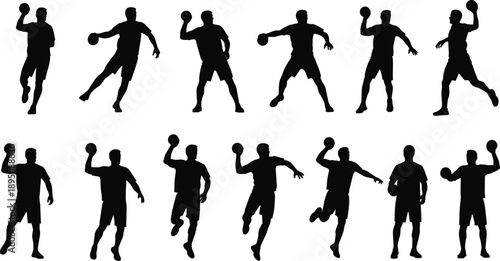 Black silhouette collection of male athletes holding ball in dynamic throwing poses, sports action concept, fitness training, competitive handball illustration