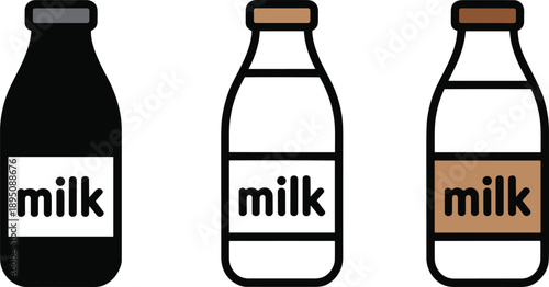 Cartoon icon set of three stylized milk bottles with varied label, cap, and fill styles including chocolate milk variant.