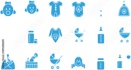 Baby care solid icons set with stroller bottle clothes and toys, newborn childcare vector illustration collection