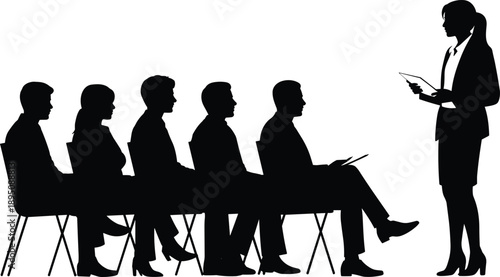 Cartoon silhouette icon of classroom or seminar scene with seated audience and standing presenter holding papers in professional setting.