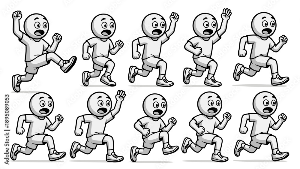 Naklejka premium Funny runner vector animation frames of a cute bald character running fast, side profile sprite sheet sequence for motion graphics, game design, mascot, or storyboard projects.