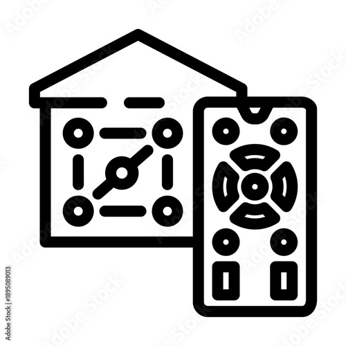 House outline with internal network illustration connected to a smartphone displaying a remote control interface, symbolizing modern home automation and smart living technology
