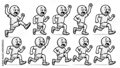Funny runner vector animation frames of a cute bald character running fast, side profile sprite sheet sequence for motion graphics, game design, mascot, or storyboard projects.