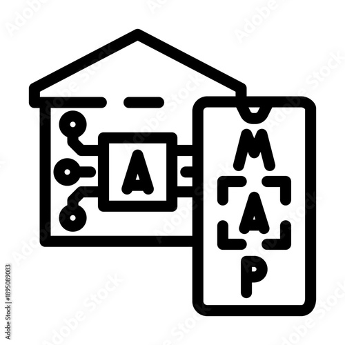 Home layout linking to a mobile device displaying a digital map, highlighting indoor navigation, wayfinding technology, and interconnected smart house systems