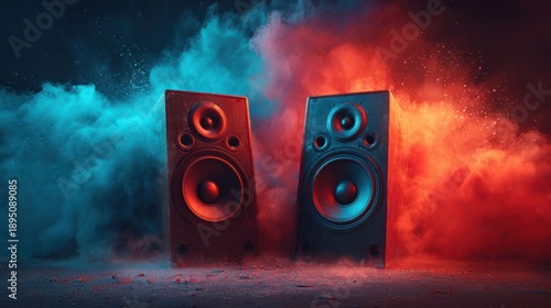 Two speakers framed by blue/red smoke, highlighting sound waves and audio aesthetics