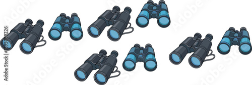 Binoculars vector set for observation, surveillance and outdoor activities isolated on white background illustration