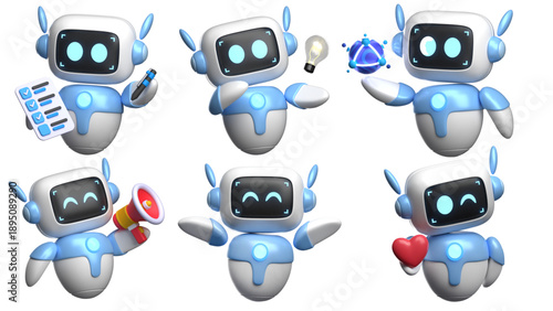 Set of Cute Robot Character with Artificial Intelligence and Technology Icons
