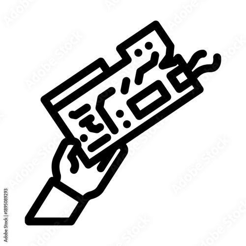 Hand holding a broken circuit board with detached wires, illustrating electronic device failure, waste, repair needs, and technological maintenance issues in a line art style
