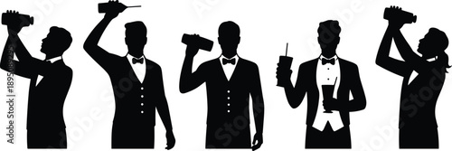 Cartoon silhouette icon set of bartenders in dynamic poses with cocktail shakers, glasses, and formal attire for hospitality themes.