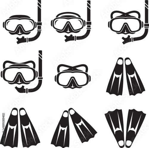 Minimalist Black and White Diving Masks and Fins Vector Set for Water Sports