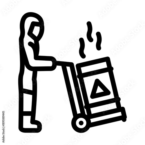 Person wearing protective suit moving a drum of toxic chemical waste with a hand truck, symbolizing safety protocols, industrial disposal, and environmental protection