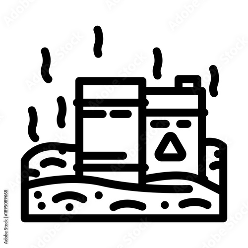 Chemical waste barrels lying on polluted ground, releasing toxic fumes into the air, symbolizing environmental contamination and the harmful effects of industrial disposal