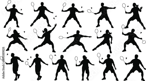 Black silhouette collection of athletes playing badminton in dynamic poses with shuttlecock, sports action concept, fitness training, competitive game illustration