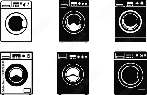 Six different washing machine silhouette vector illustration, modern laundry appliance design, washer dryer icon set, household equipment collection