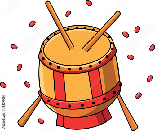 Traditional cartoon illustration of a large wooden drum with red accents and drumsticks ready for striking creating musical percussion sounds for celebration or festival music.
