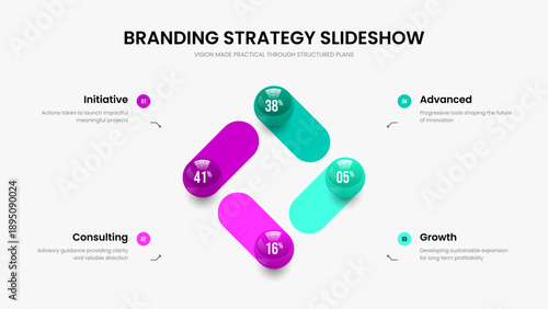 Market Proposal 4 Element Diagram Presentation Template. Medical Portfolio Four Step Infographic Frame Design. Consulting Growth Slideshow Layout Vector Illustration.