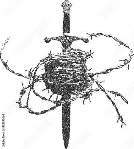 Dagger vintage y2k stipple art, blade halftone stipple brutalist retro vector png with transparent background, steel 2000s aesthetic photocopy effect tattoo