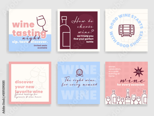 A social media post template inviting everyone to a wine tasting and discover new flavors and wines for any occasion at the winery.