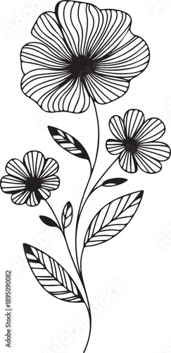 Stylized black and white line art drawing of a flowering plant stem