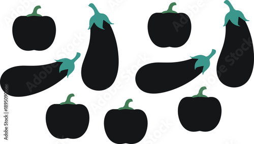 Black vegetable silhouettes icons set vector illustration with eggplant and bell pepper shapes isolated on white background