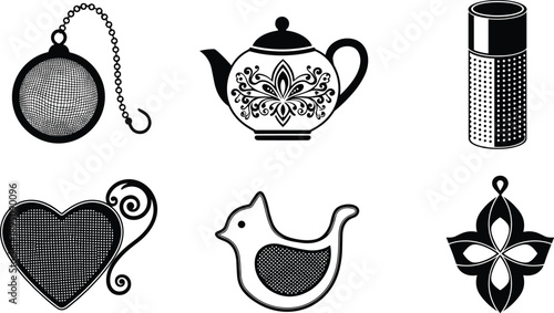 Six different tea infuser silhouette vector illustration, elegant teapot and strainer designs, black and white kitchen utensil art collection