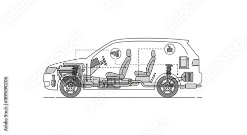 Automotive engineering cross section diagram of a car interior and mechanical parts.