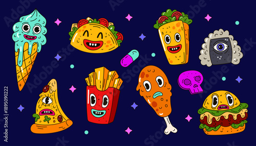 Y2k cartoon food. 2000s sticker. Character burger, hipster pizza. Trippy symbol. Acid illustration for restaurant, traditional taco and burrito. Groovy shapes. psychedelic tidy graphic set