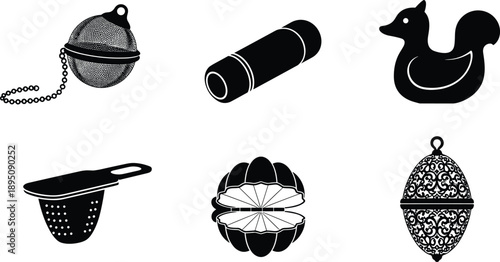 Six different tea infuser silhouette vector illustration, black and white tea strainers, creative kitchen utensil design, modern drink accessory art