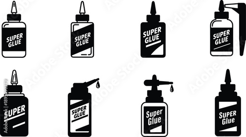 Six different super glue bottle silhouette vector illustration, adhesive repair liquid container, strong bonding tool, craft glue packaging icon set