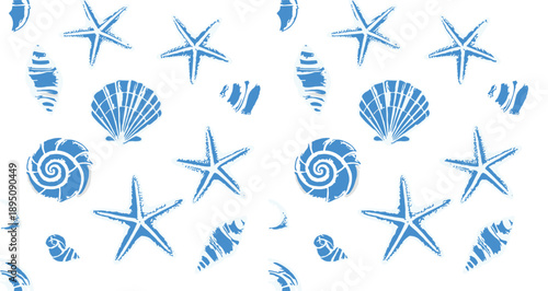 Blue seashell and starfish pattern set, marine ocean cartoon vector illustration seamless summer beach background