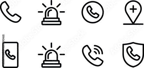 Cartoon silhouette icon set of emergency communication symbols including phones, sirens, shields, and medical location markers.