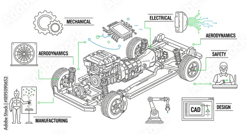 Automotive Engineering Diagram Explaining Mechanical Electrical Aerodynamics Safety Manufacturing and Design Concepts.