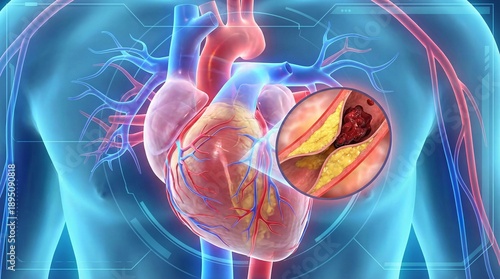 Human heart circulatory system with magnified view of atherosclerosis and arterial plaque build up