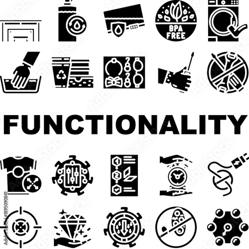 Set of functionality concepts and product features icons, including laundry, bpa free, water resistance, settings, and maintenance symbols, representing usability and technical specifications