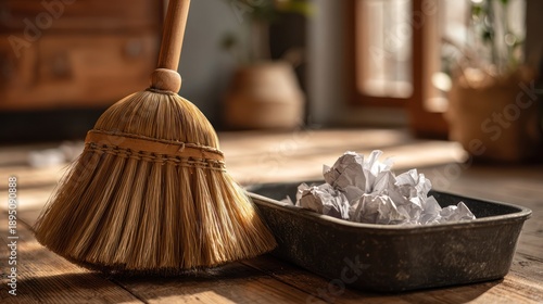 Wooden broom next to a bin of crumpled paper, on a sunlit wooden floor, inside a room