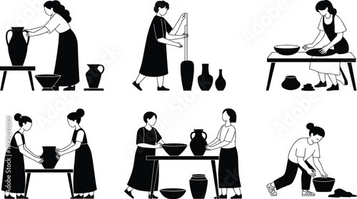 Cartoon silhouette icon set of pottery-making scenes with people shaping clay, using tools, and crafting ceramic vessels.