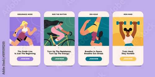 Women fitness mobile app screens flat illustration
