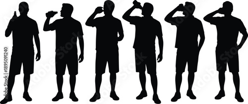 Cartoon silhouette icon set of six people in varied poses drinking from bottles, wearing casual summer clothing.