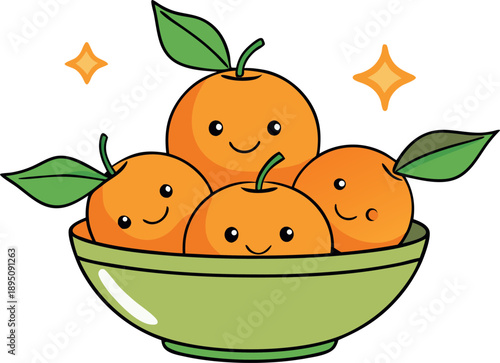 Adorable illustration featuring a cheerful group of four cartoon oranges with happy faces nestled snugly inside a bright green ceramic bowl sparkling with little star accents.