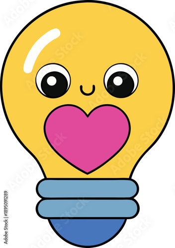 Adorable cartoon illustration of a bright yellow light bulb character displaying affection with a large pink heart cantered on its body representing love for bright ideas and innovation in simple grip