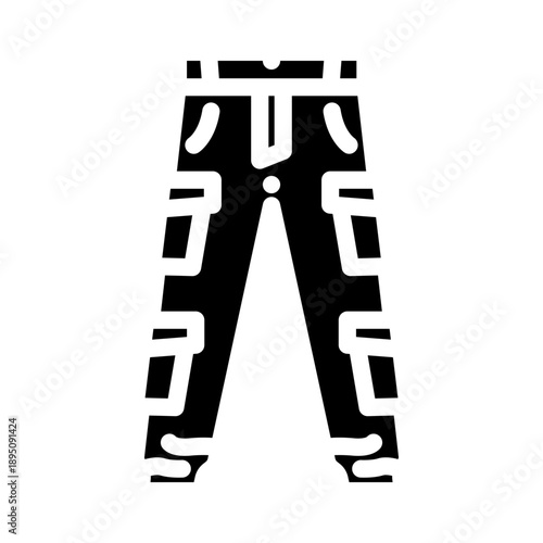 Cargo pants glyph displaying multiple pocketed trousers as a minimalist black and white icon representing utilitarian streetwear, casual comfort and practical everyday apparel