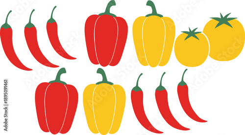 Chili pepper and bell pepper icons set vector illustration with red and yellow vegetables isolated on white background