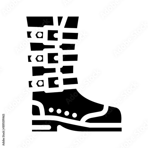 Goth style boot with multiple buckles and straps along the shaft, monochrome vector icon representing gothicpunk footwear and subculture fashion, minimal outline silhouette