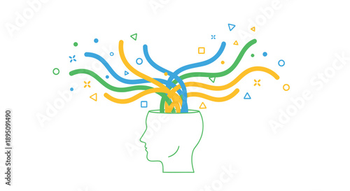 Creative idea generation concept with human head and colorful swirling lines