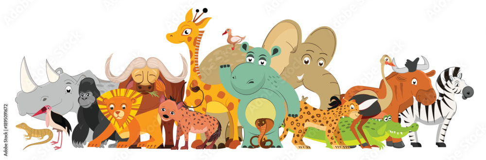 Naklejka premium Cute African animals cartoon group isolated on white background. Vector illustration