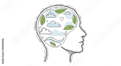 A peaceful illustration of a person's head with a serene landscape inside