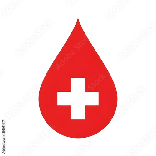 A red blood drop with a white cross on a plain background